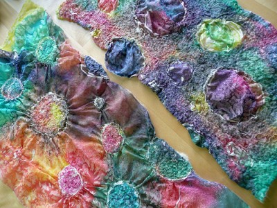 painted silk, felted to gather the fabric in different ways