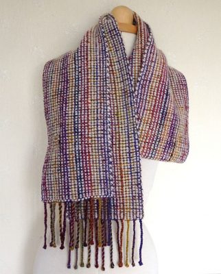 Handwoven, handspun 'Colour Play' wool scarf. Wool, cotton, made in Scotland