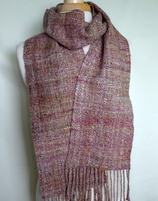 Handwoven, handspun wool scarf 'Evening Light'. Wool, silk, tweed, made in Scotland