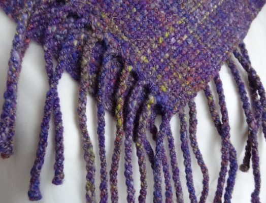 Handwoven, handspun wool scarf 'Lavender Garden'. Merino wool, silk, tweed, made in Scotland