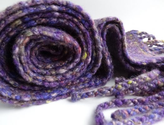 Handwoven, handspun wool scarf 'Lavender Garden'. Merino wool, silk, tweed, made in Scotland
