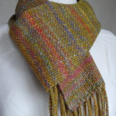 Handwoven, handspun wool scarf 'Machair'. Merino wool, silk, tweed, made in Scotland