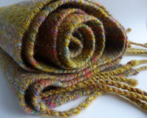 Handwoven, handspun wool scarf 'Machair'. Merino wool, silk, tweed, made in Scotland