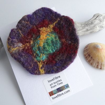 Purple and turquoise handmade felt brooch, made in Scotland