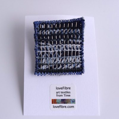 Tiny tapestry brooch, hand woven, indigo, blue, made in Scotland