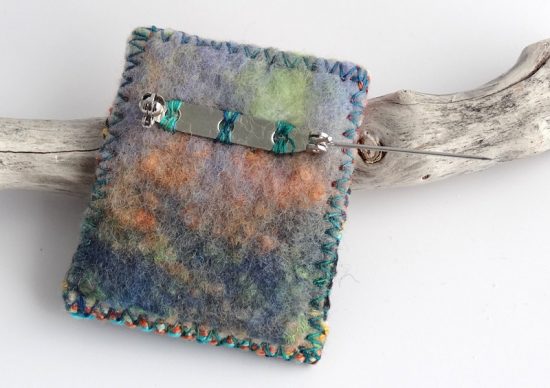 Tiny tapestry brooch, hand woven, orange, yellow, turquoise, grey, made in Scotland