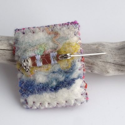 Tiny tapestry brooch, hand woven, pink, purple, red, made in Scotland