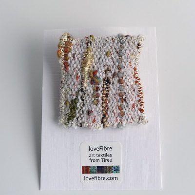 Tiny tapestry brooch, hand woven, shell colours, made in Scotland