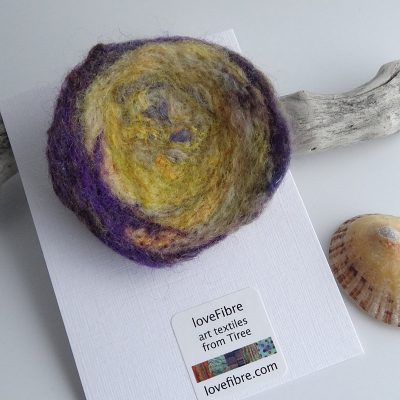 Yellow and purple handmade felt brooch, made in Scotland
