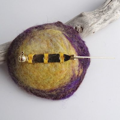 Yellow and purple handmade felt brooch, made in Scotland